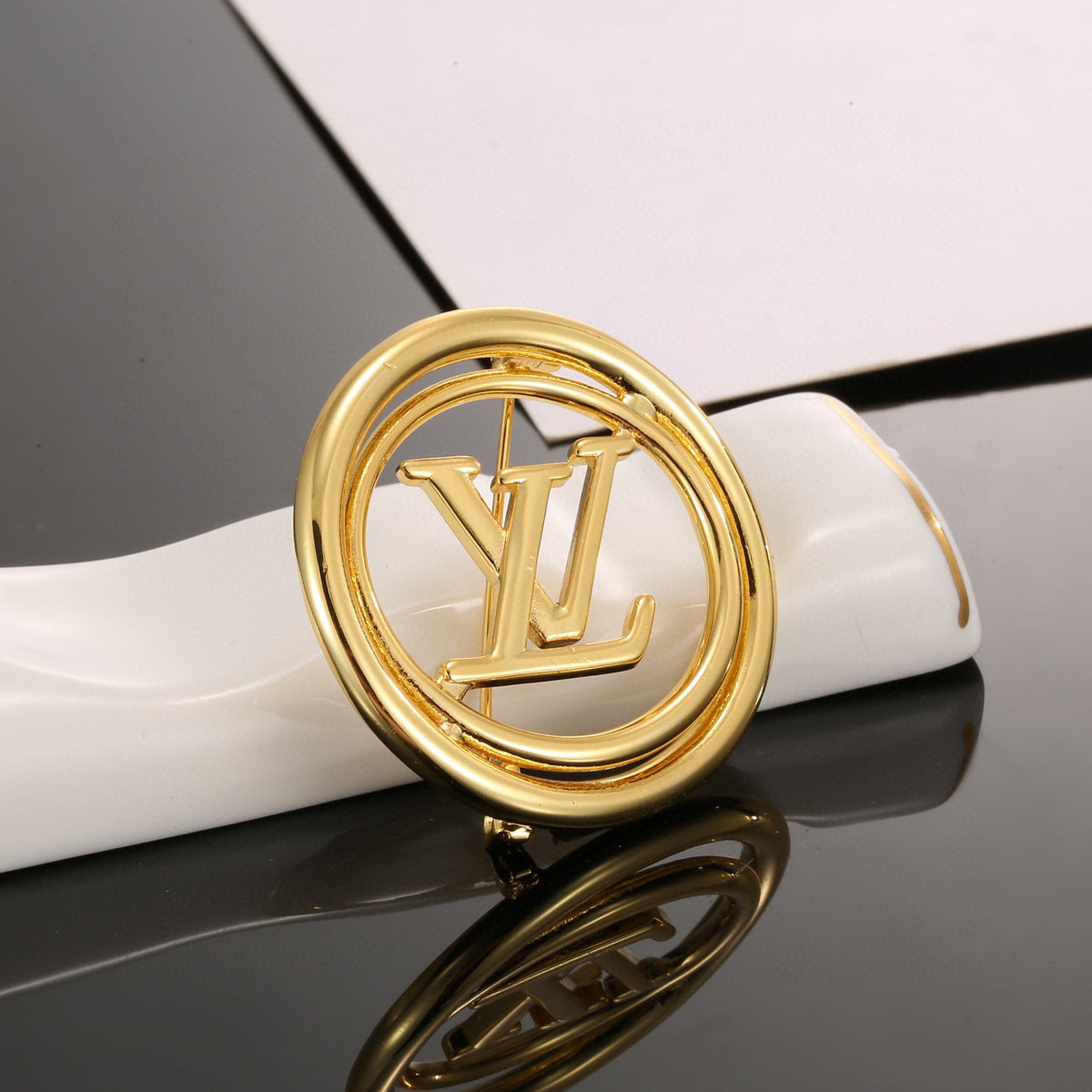 Letter Emblem Brooch in Polished Metal-Tone – Design 006 front product view