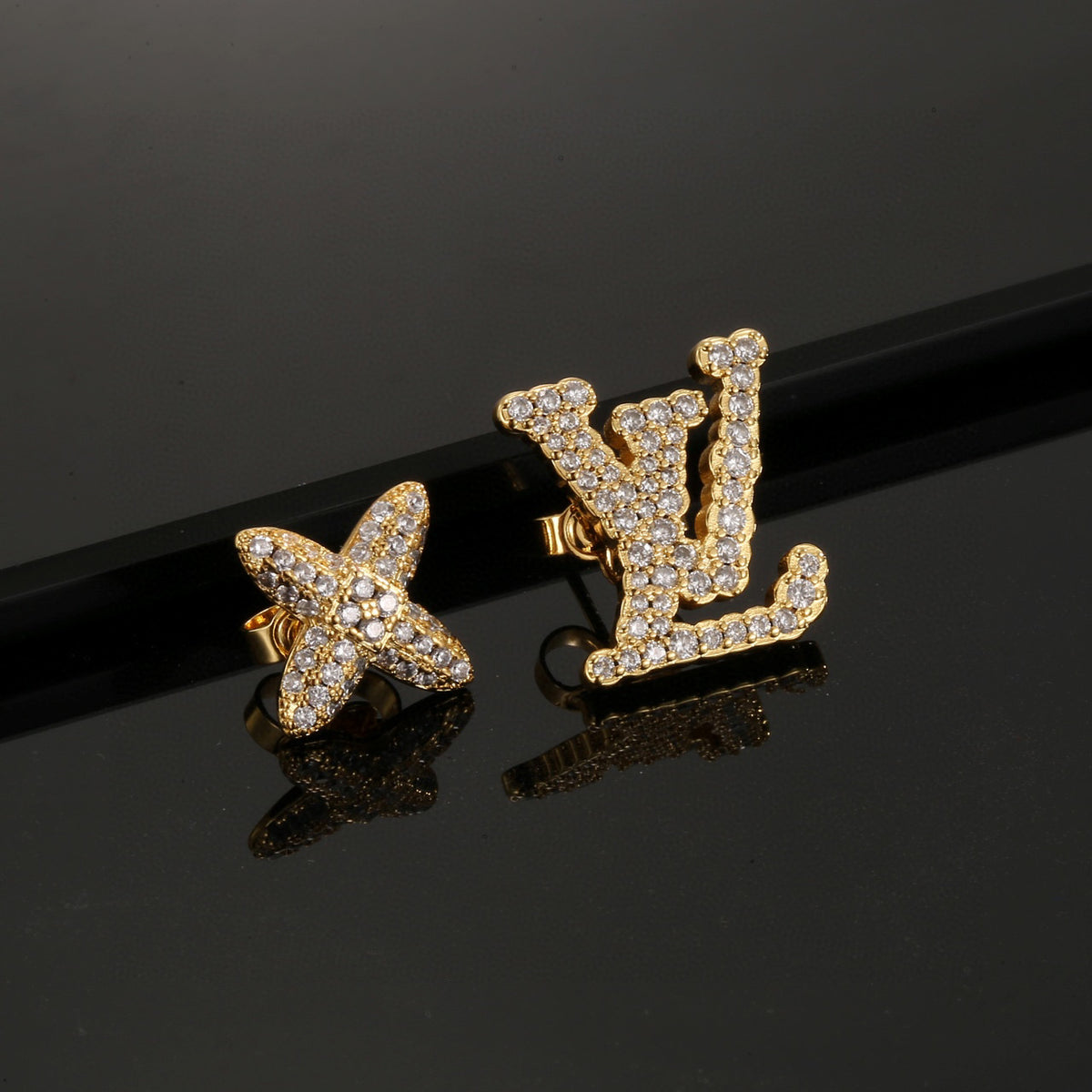 Geometric Emblem Stud Earrings in Polished Metal-Tone – Design 032 detail view