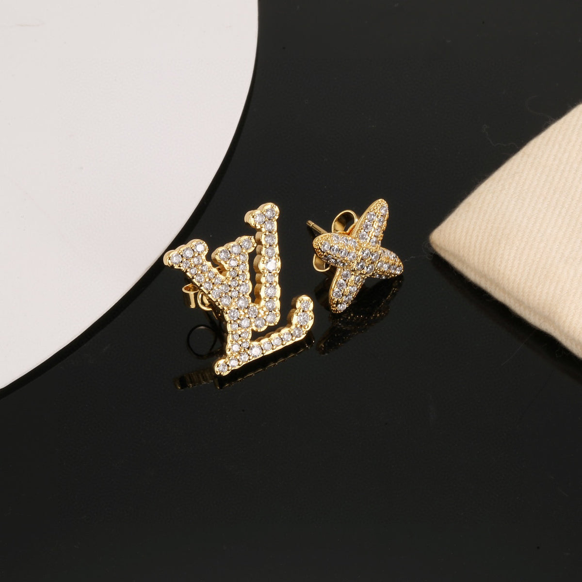 Geometric Emblem Stud Earrings in Polished Metal-Tone – Design 043 main product view