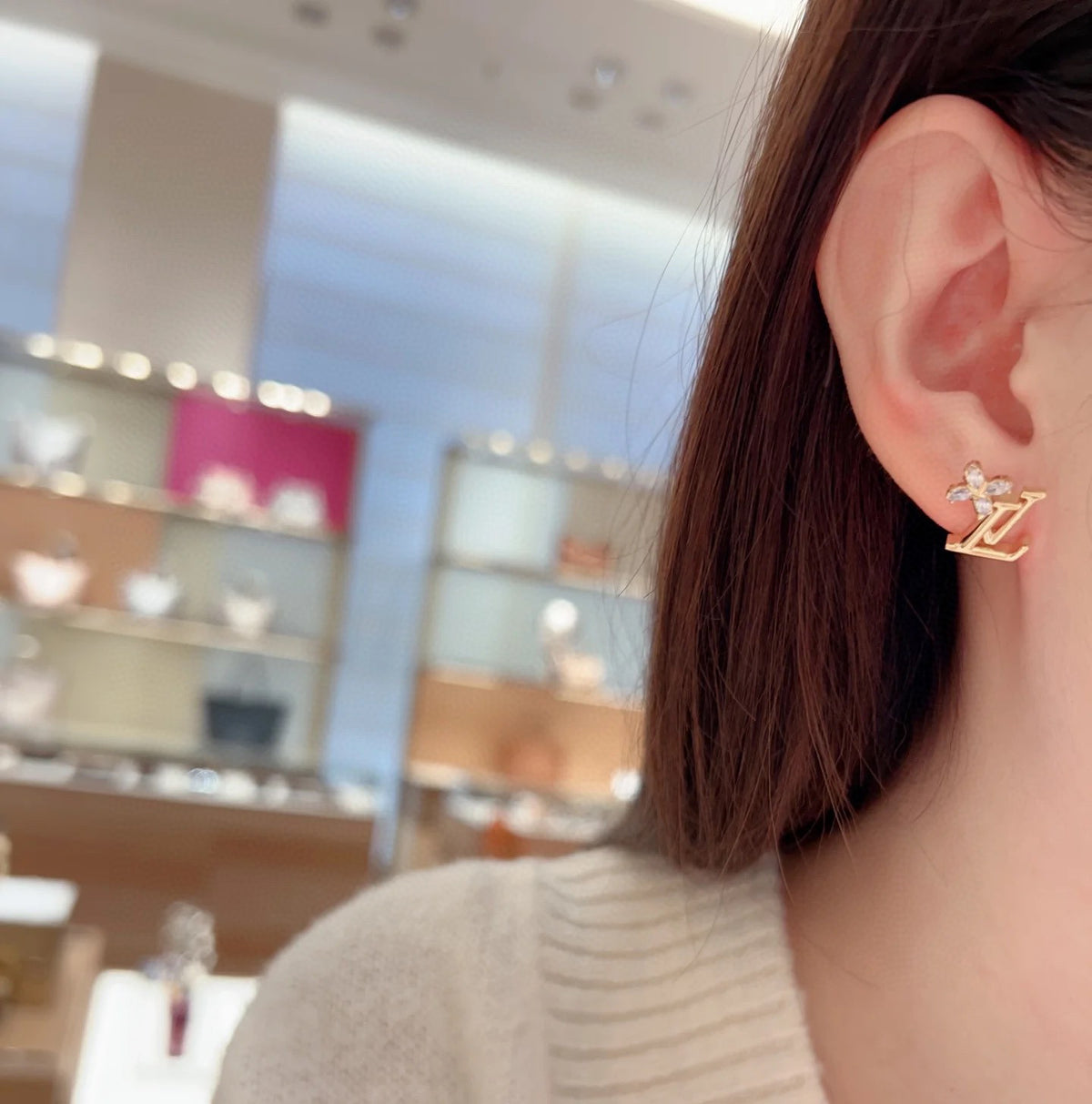 Geometric Emblem Stud Earrings in Polished Metal-Tone – Design 031 detail view