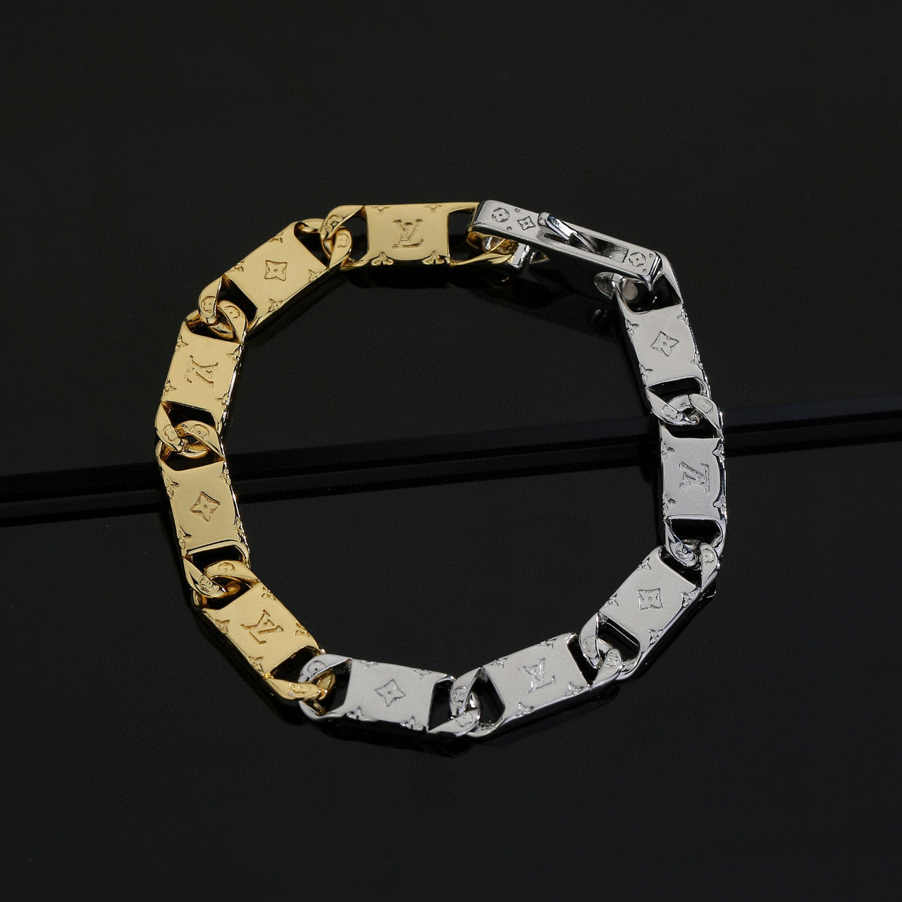 Letter Emblem Bracelet in Polished Metal-Tone – Design 037 side detail