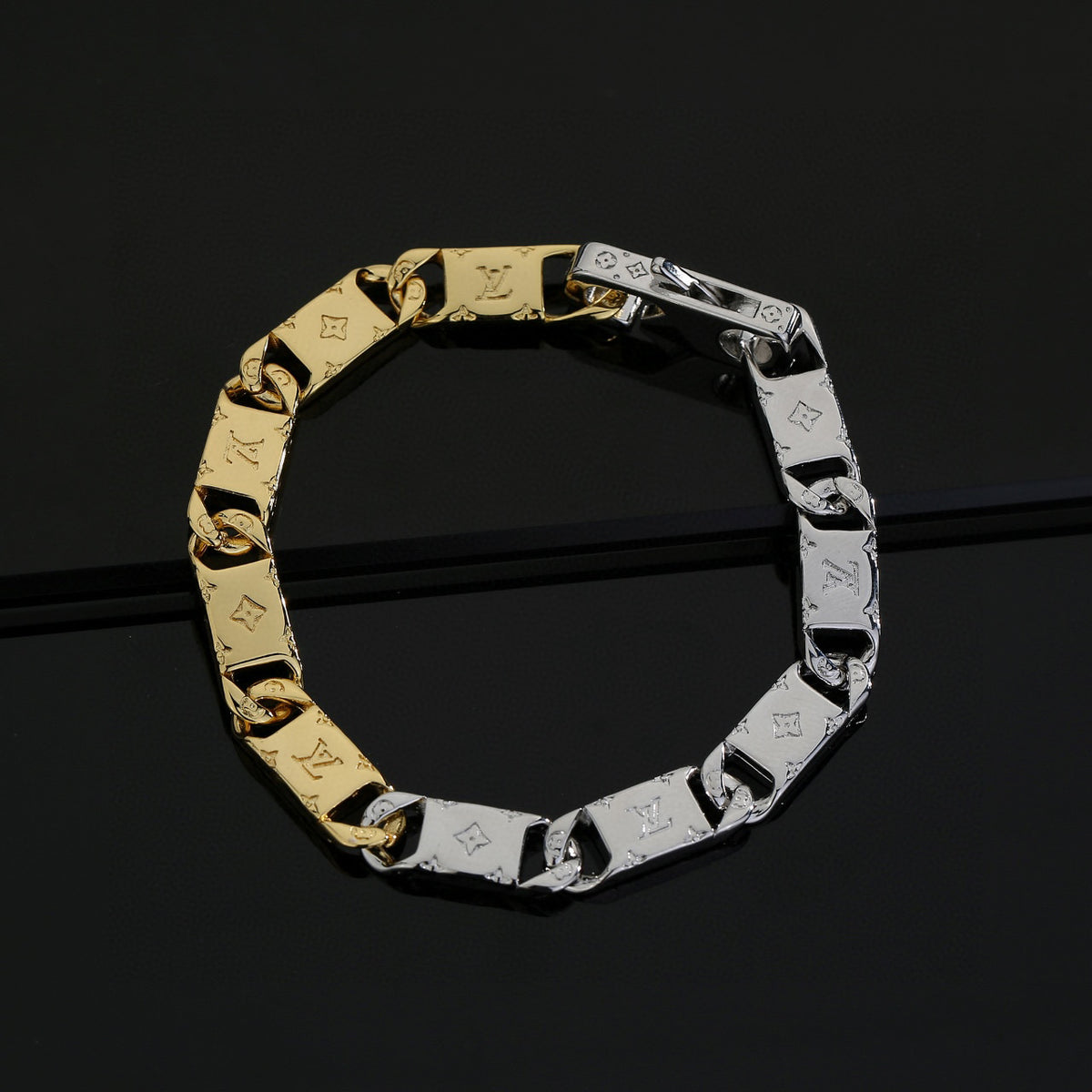 Letter Emblem Bracelet in Polished Metal-Tone – Design 037 side detail