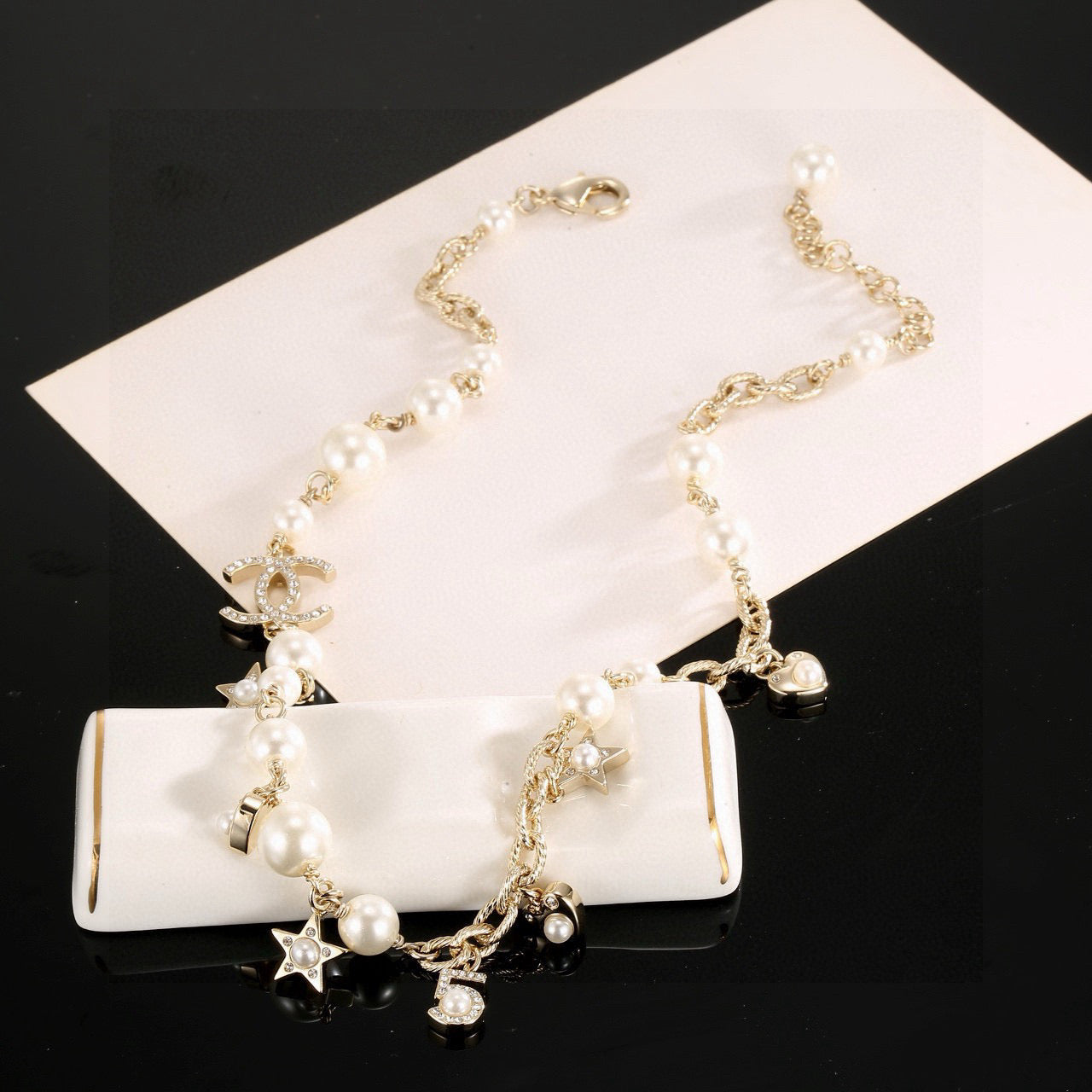 Double-C Emblem Pendant Necklace in Polished Metal-Tone – Star Detail – Design 005 main product view