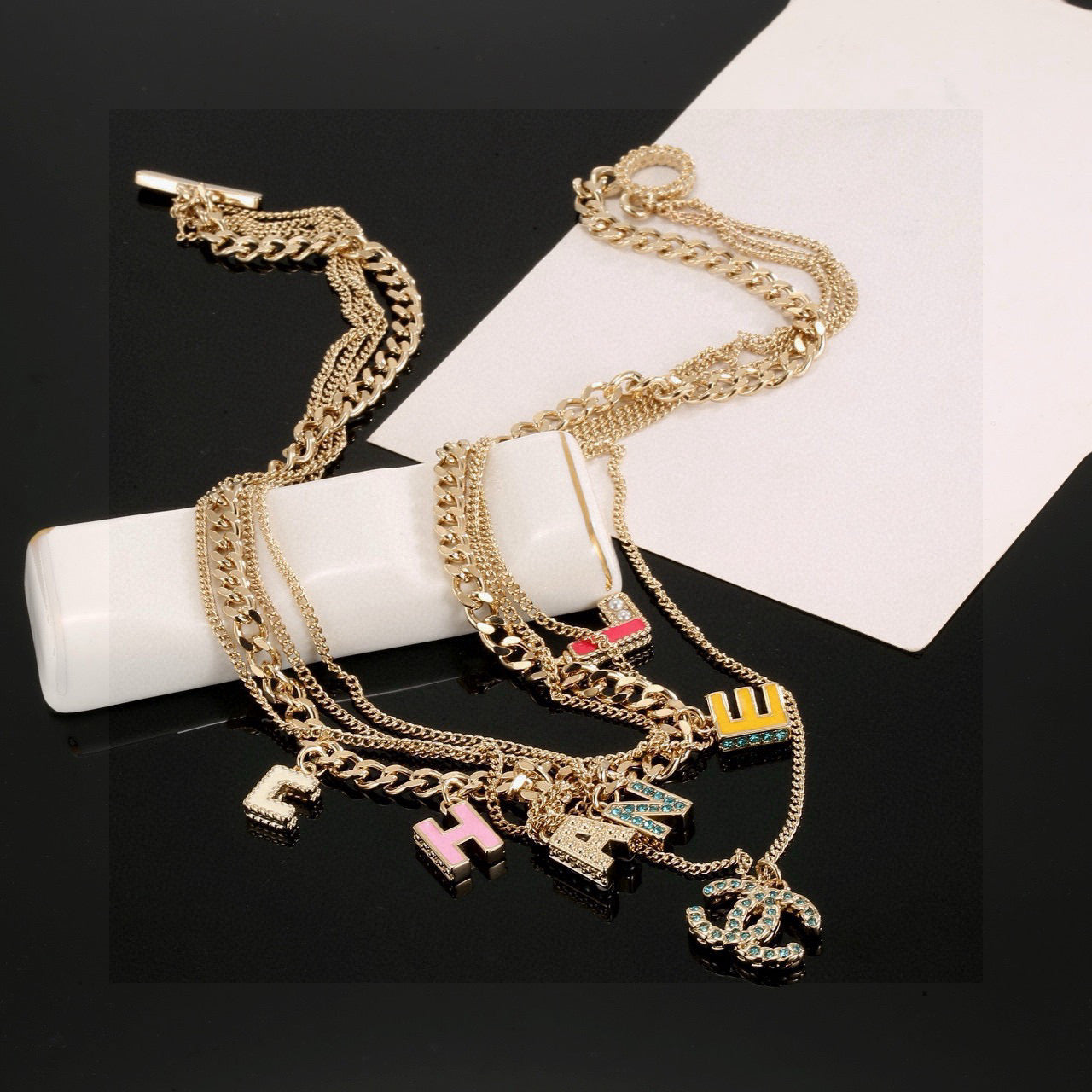 Double-C Emblem Crystal-Accent Pendant Necklace – Design 050 close-up detail