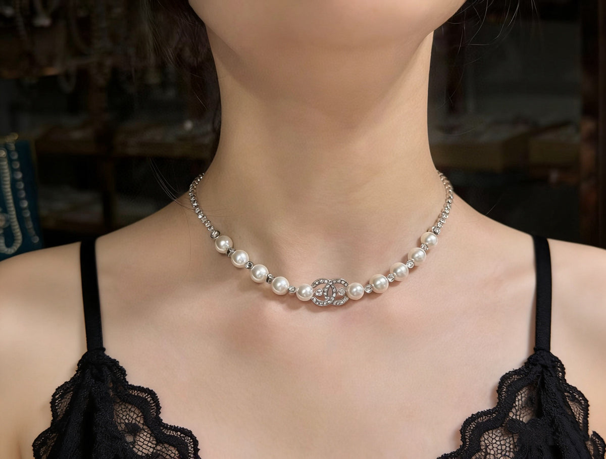 Double-C Emblem Pearl-Detail Pendant Necklace – Pearl Detail – Design 119 front product view