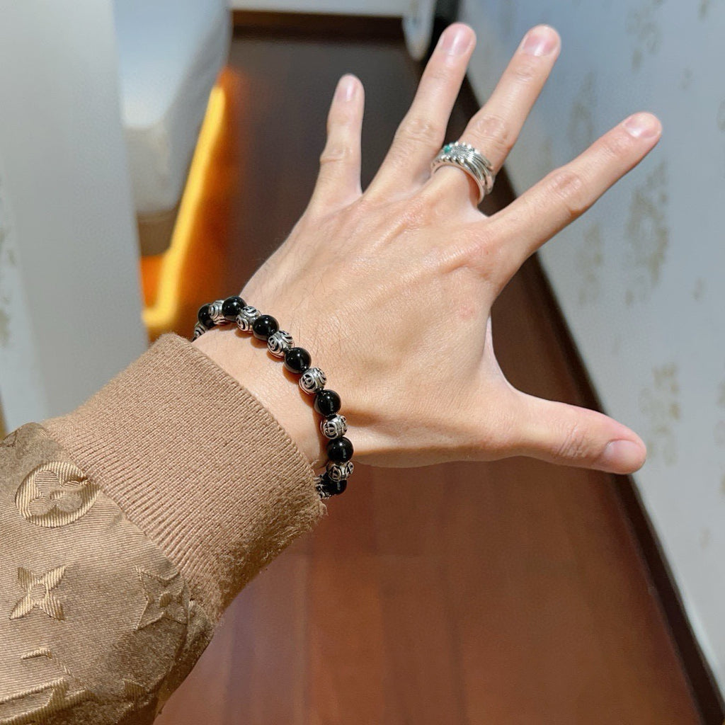 Double-G Emblem Beaded Bracelet in Polished Metal-Tone – Agate Detail – Design 015 detail view