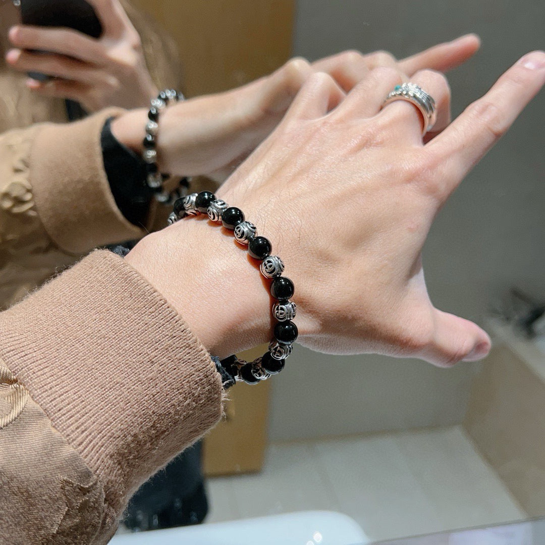 Double-G Emblem Beaded Bracelet in Polished Metal-Tone – Agate Detail – Design 015 styled product view