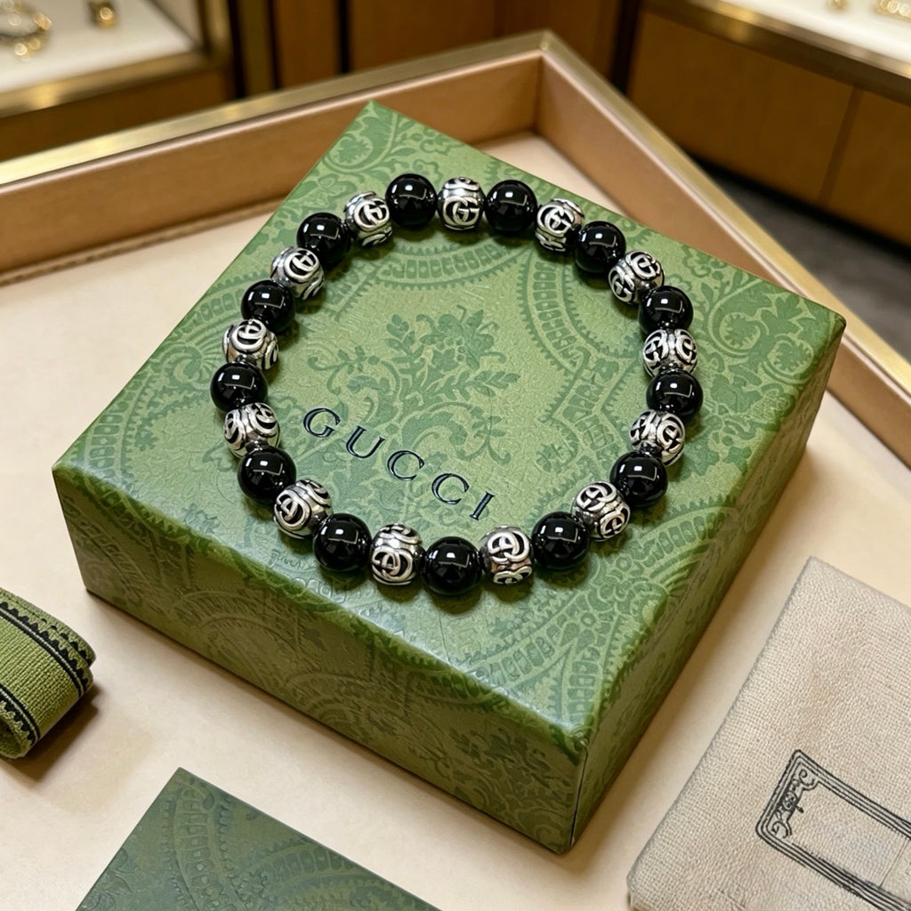 Double-G Emblem Beaded Bracelet in Polished Metal-Tone – Agate Detail – Design 015 main product view
