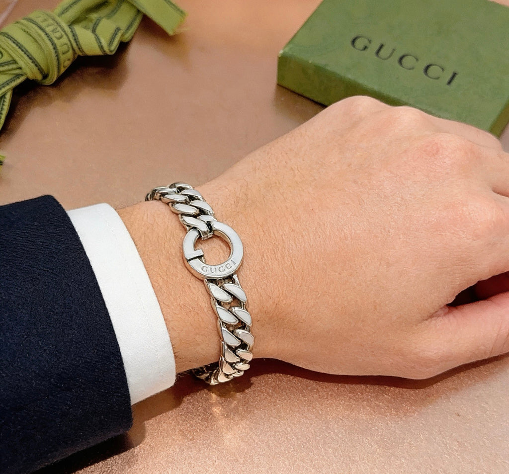 Geometric Emblem Bracelet in Polished Metal-Tone – Design 070 side detail