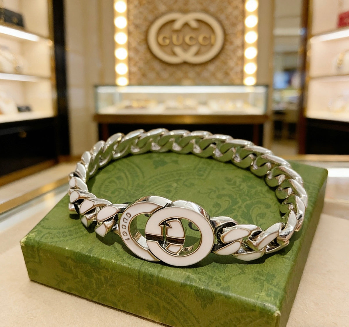 Geometric Emblem Bracelet in Polished Metal-Tone – Design 104 detail view