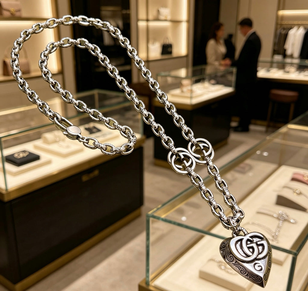 Double-G Emblem Pendant Necklace in Silver-Tone – Vintage Detail – Design 039 front product view