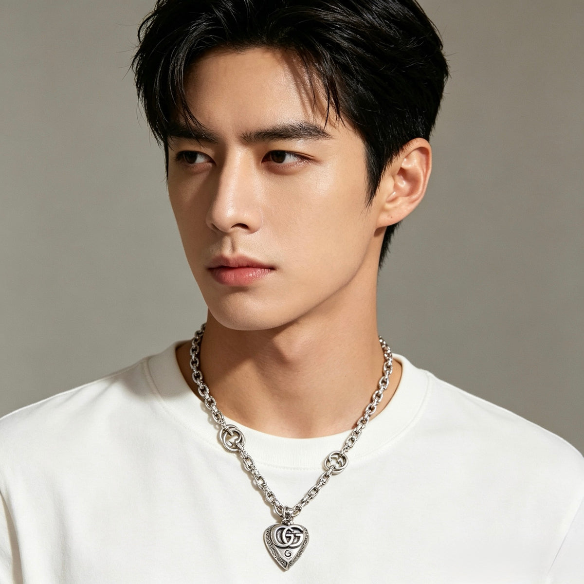 Double-G Emblem Pendant Necklace in Silver-Tone – Vintage Detail – Design 039 styled product view