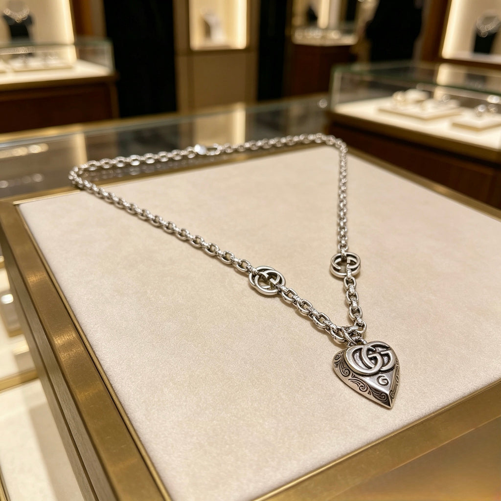 Double-G Emblem Pendant Necklace in Silver-Tone – Vintage Detail – Design 039 main product view