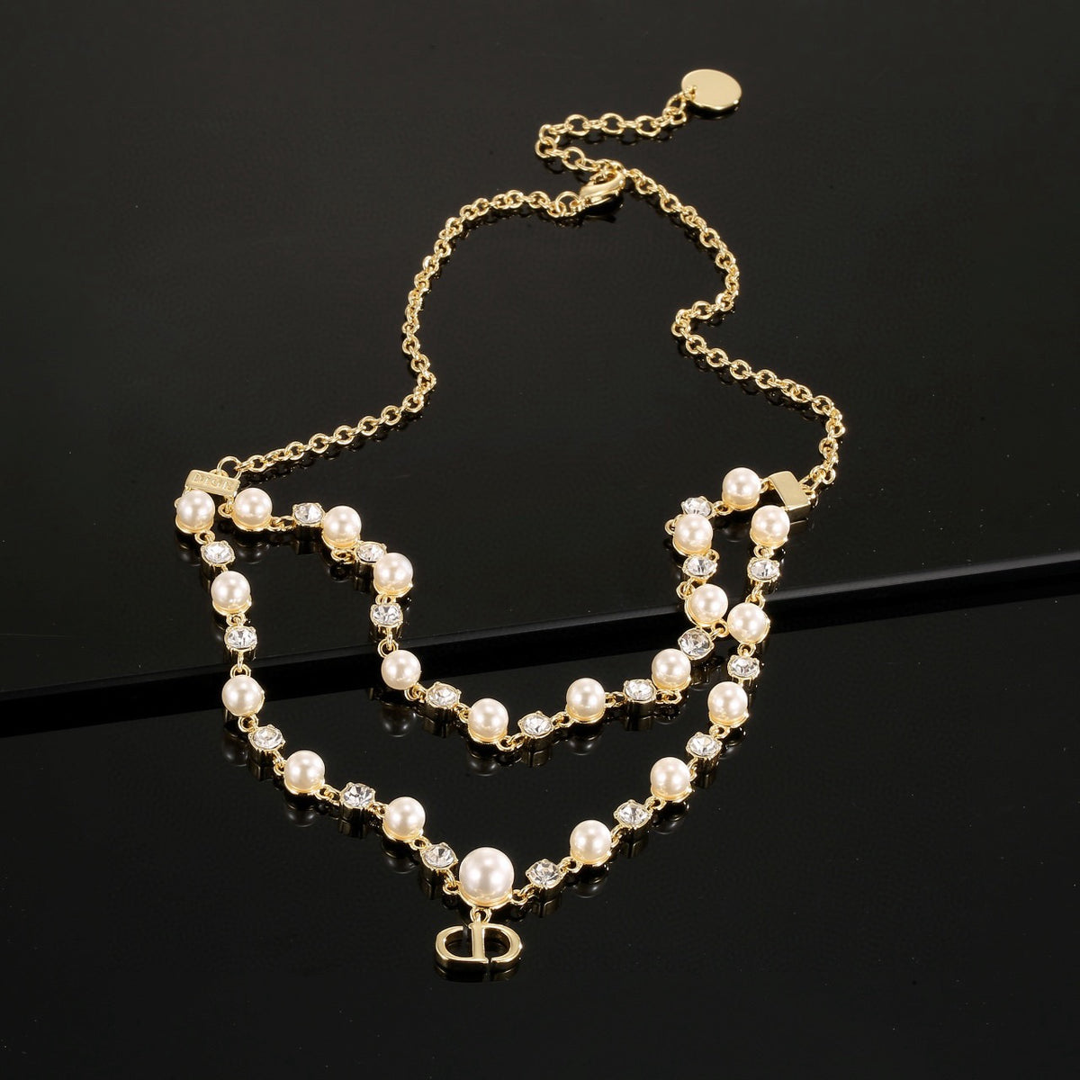 Graphic Letter Motif Pendant Necklace in Gold-Tone with Crystal-Style Accents – Design 003 front view