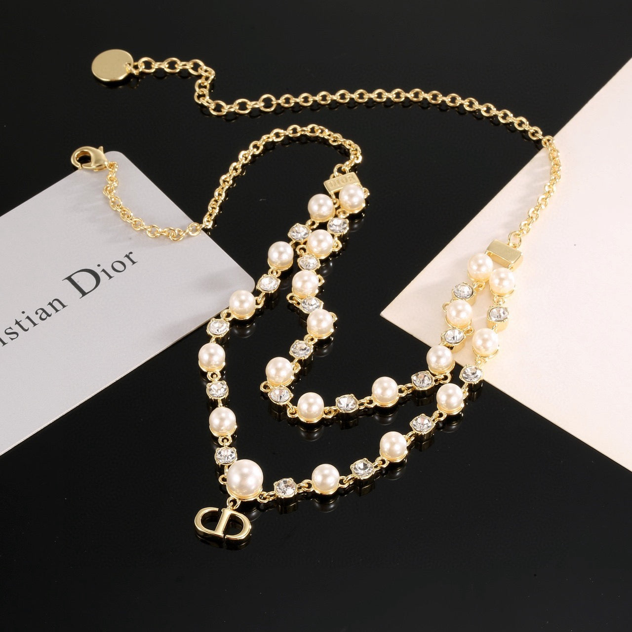 Graphic Letter Motif Pendant Necklace in Gold-Tone with Crystal-Style Accents – Design 003 side detail