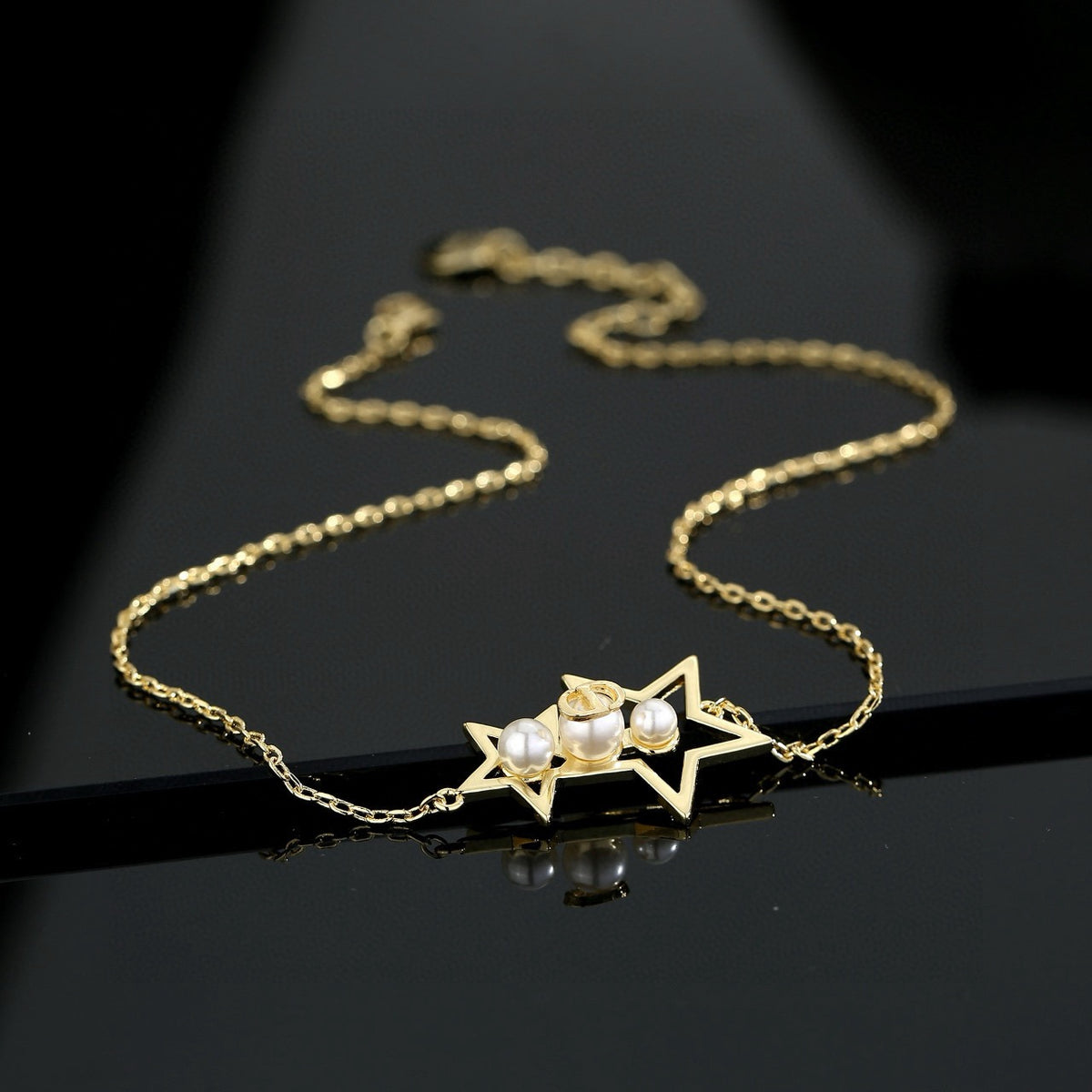 Star Motif Pendant Necklace in Polished Metal-Tone with Crystal-Style Accents – Design 001 detail view