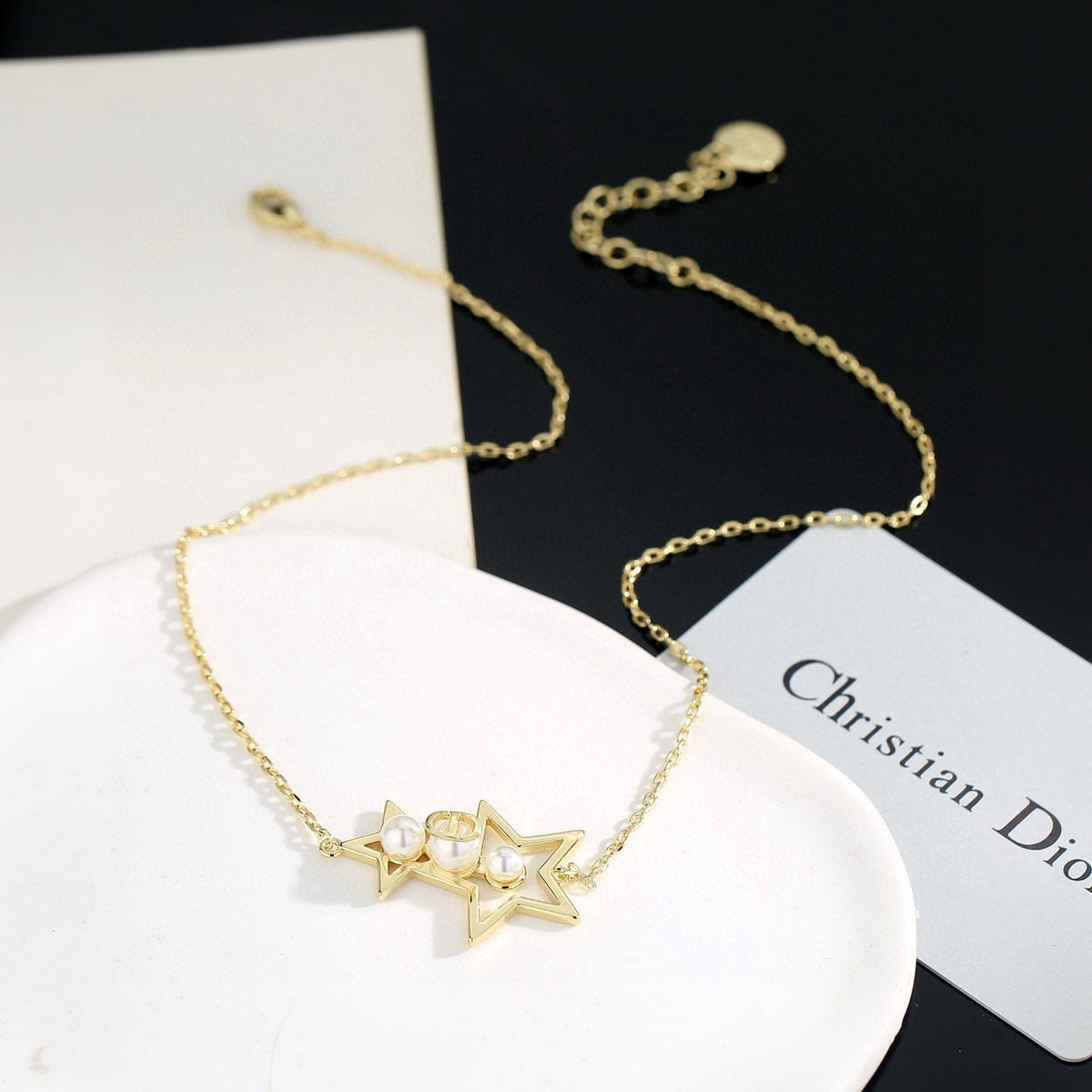 Star Motif Pendant Necklace in Polished Metal-Tone with Crystal-Style Accents – Design 001 front view
