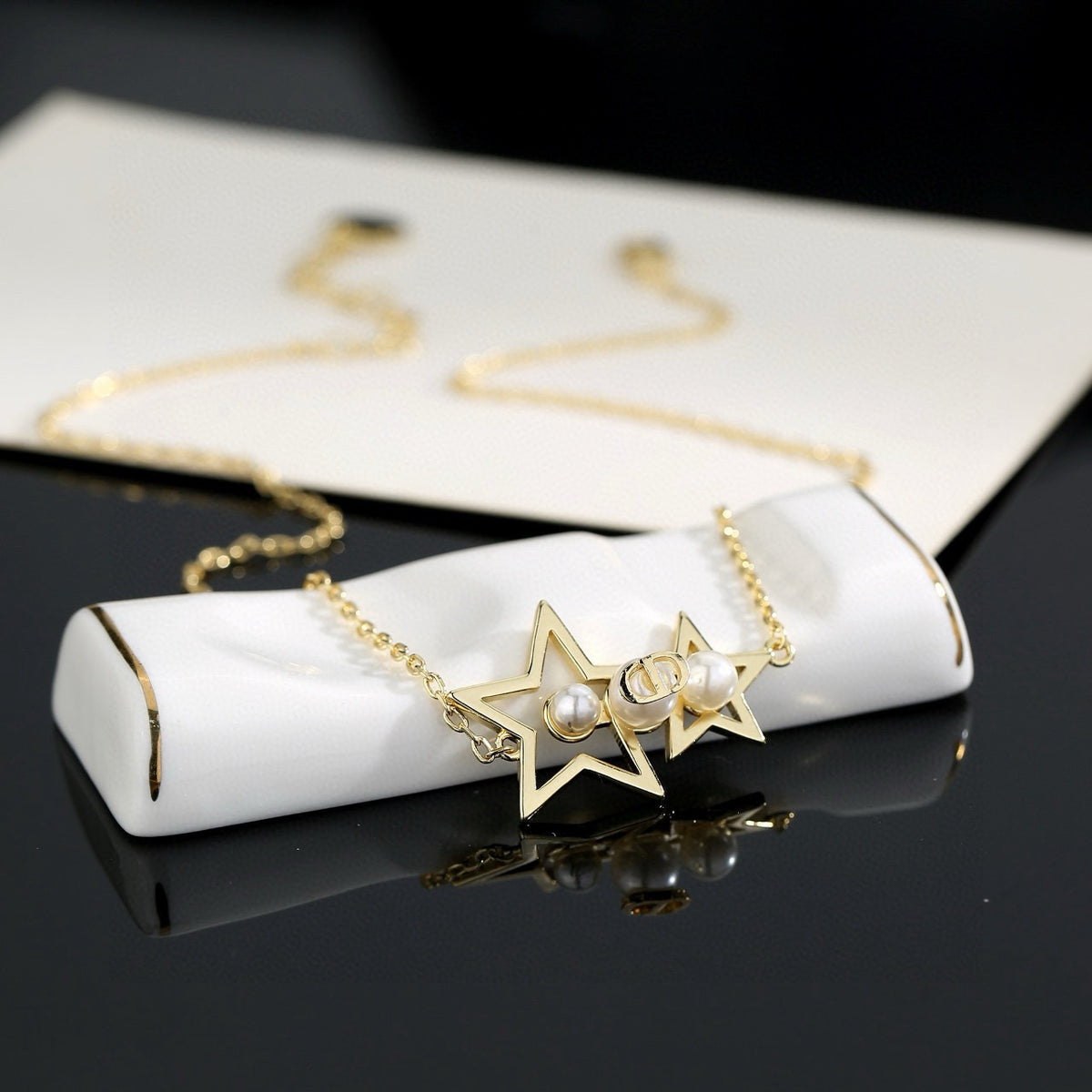 Star Motif Pendant Necklace in Polished Metal-Tone with Crystal-Style Accents – Design 003 styled view