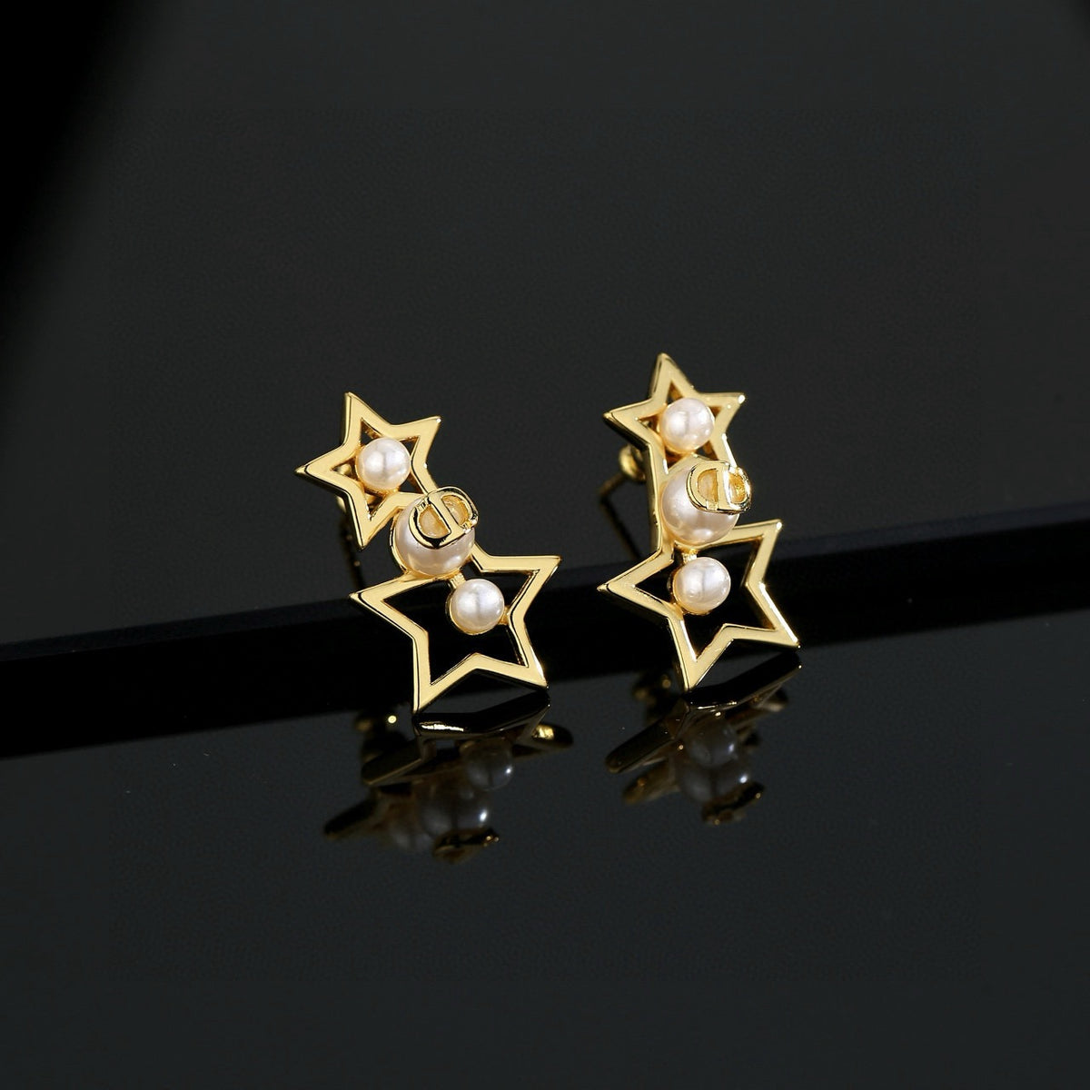 Star Motif Stud Earrings in Polished Metal-Tone with Crystal-Style Accents – Design 002 detail view