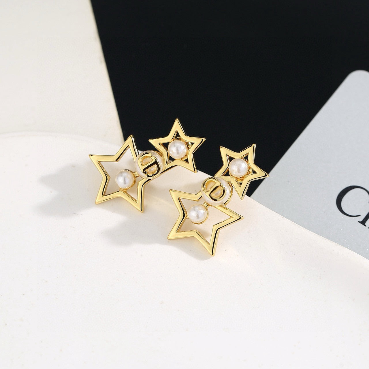 Star Motif Stud Earrings in Polished Metal-Tone with Crystal-Style Accents – Design 002 front view