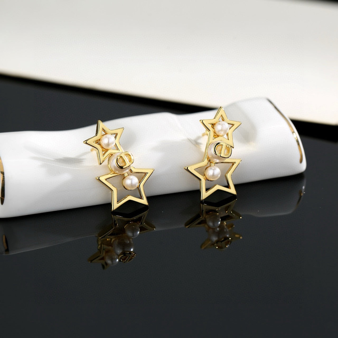 Star Motif Stud Earrings in Polished Metal-Tone with Crystal-Style Accents – Design 002 styled view