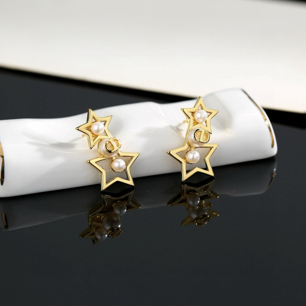 Star Motif Stud Earrings in Polished Metal-Tone with Crystal-Style Accents – Design 003 styled view