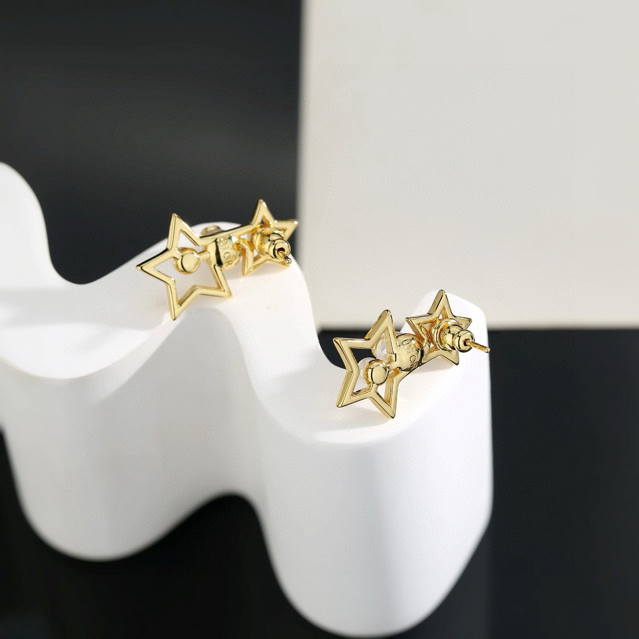 Star Motif Stud Earrings in Polished Metal-Tone with Crystal-Style Accents – Design 003 close-up detail