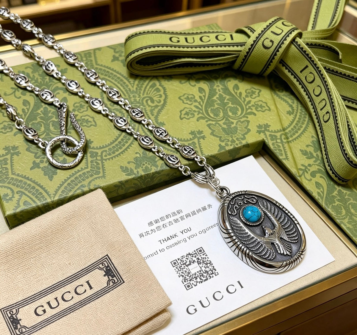 Double-G Emblem Pendant Necklace in Polished Metal-Tone – Design 251 close-up detail
