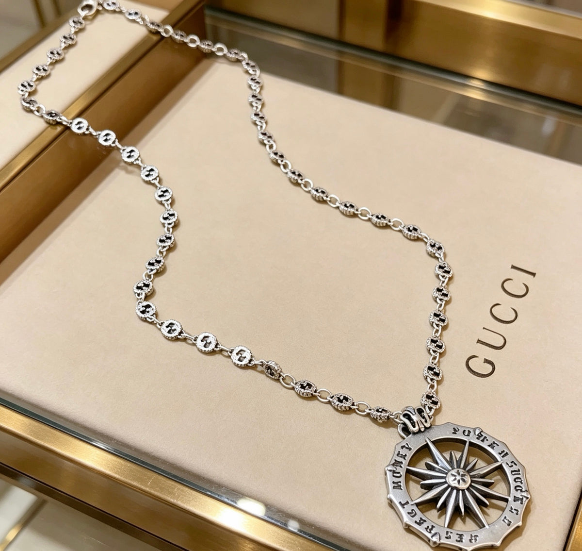 Double-G Emblem Pendant Necklace in Polished Metal-Tone – Design 250 main product view