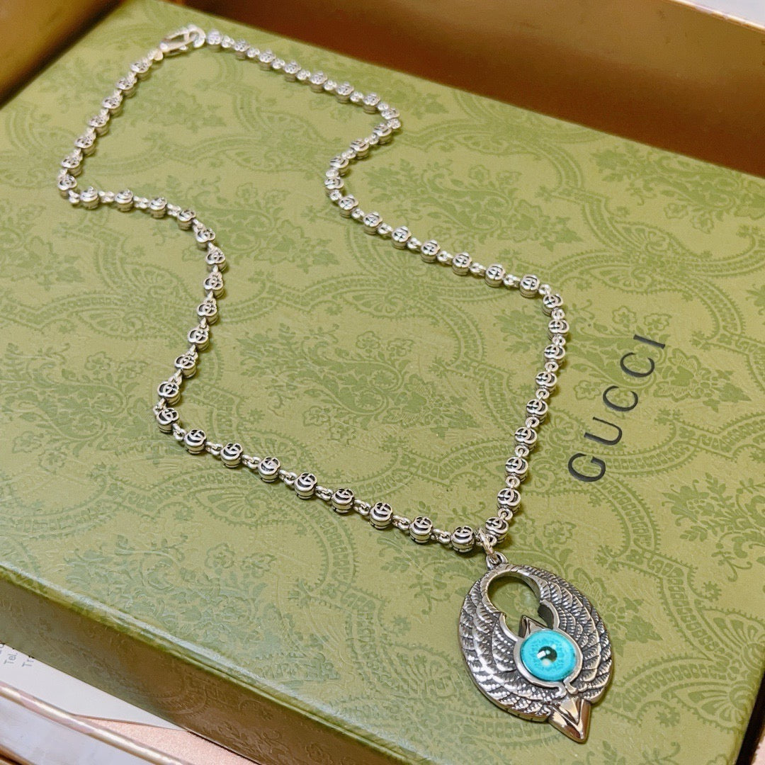 Double-G Emblem Pendant Necklace in Silver-Tone – Vintage Detail – Design 059 front product view