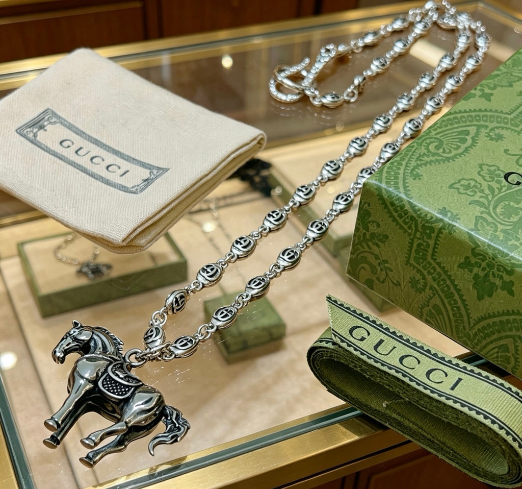 Double-G Emblem Pendant Necklace in Polished Metal-Tone – Design 164 front product view