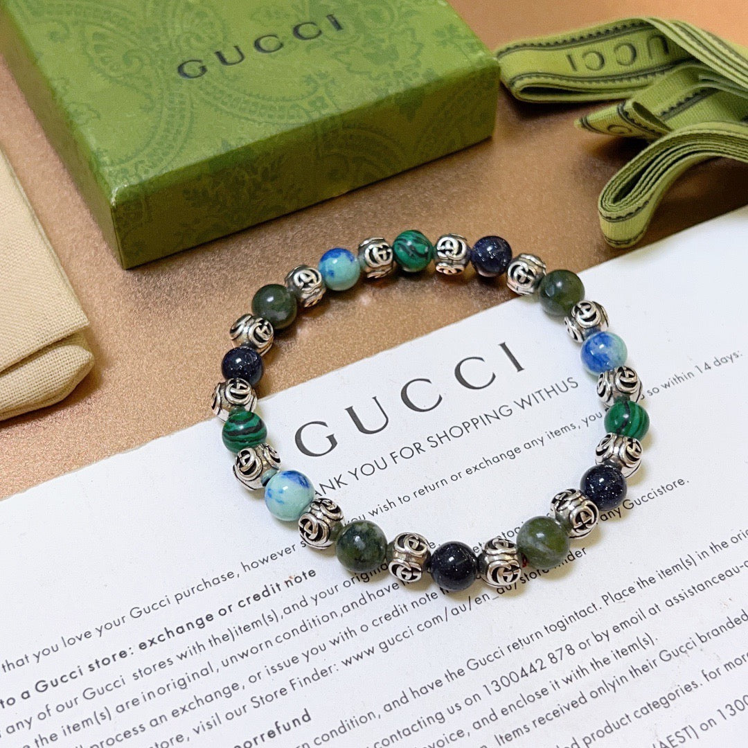 Double-G Emblem Beaded Bracelet in Polished Metal-Tone – Agate Detail – Design 017 styled product view