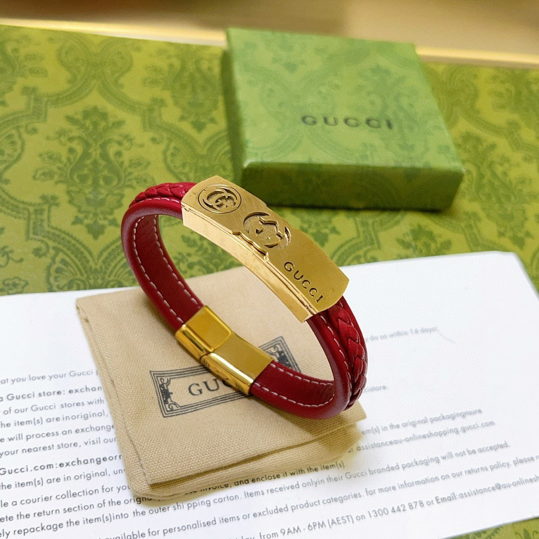 Double-G Emblem Bangle in Polished Metal-Tone – Leather Detail main product view