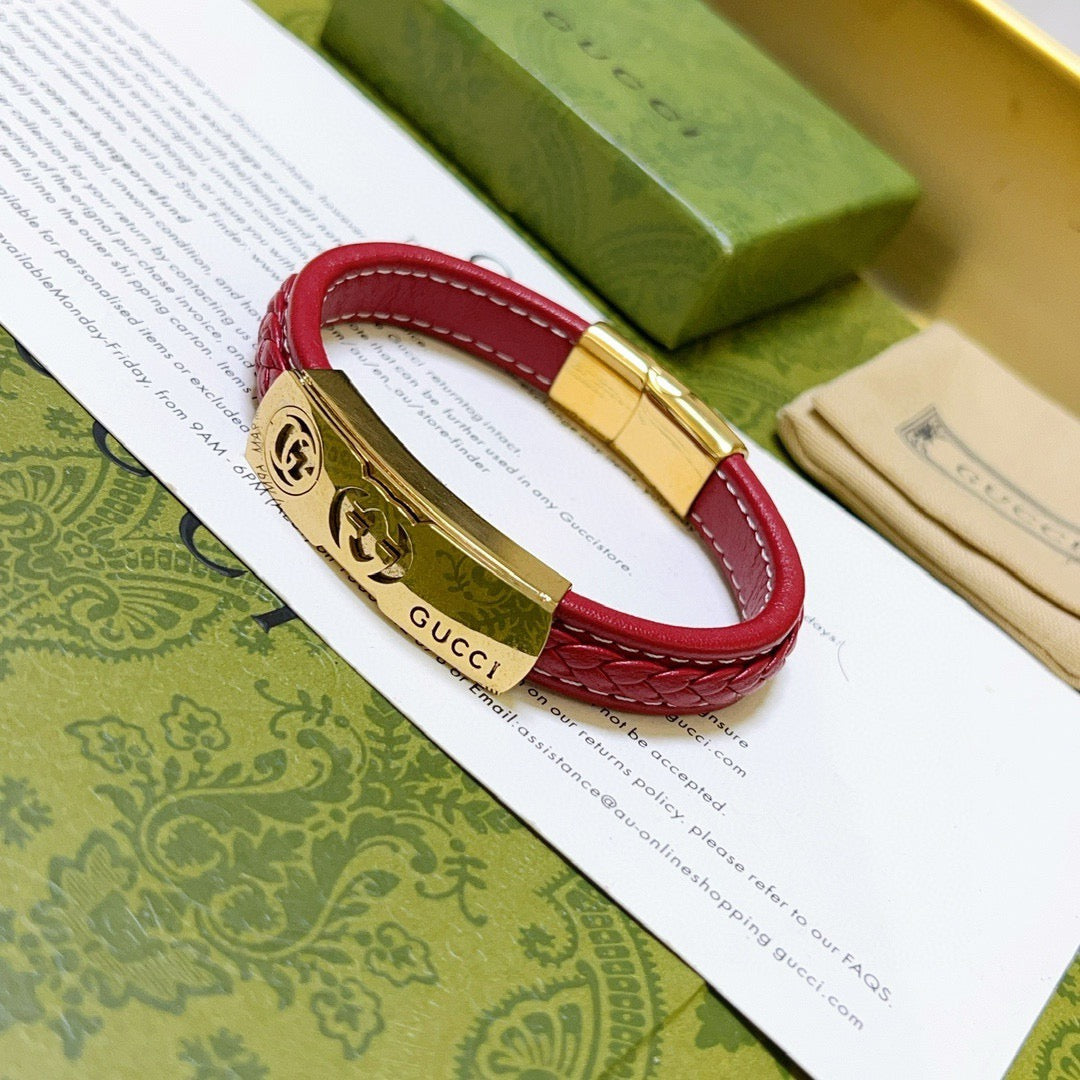 Double-G Emblem Bangle in Polished Metal-Tone – Leather Detail – Design 002 front product view