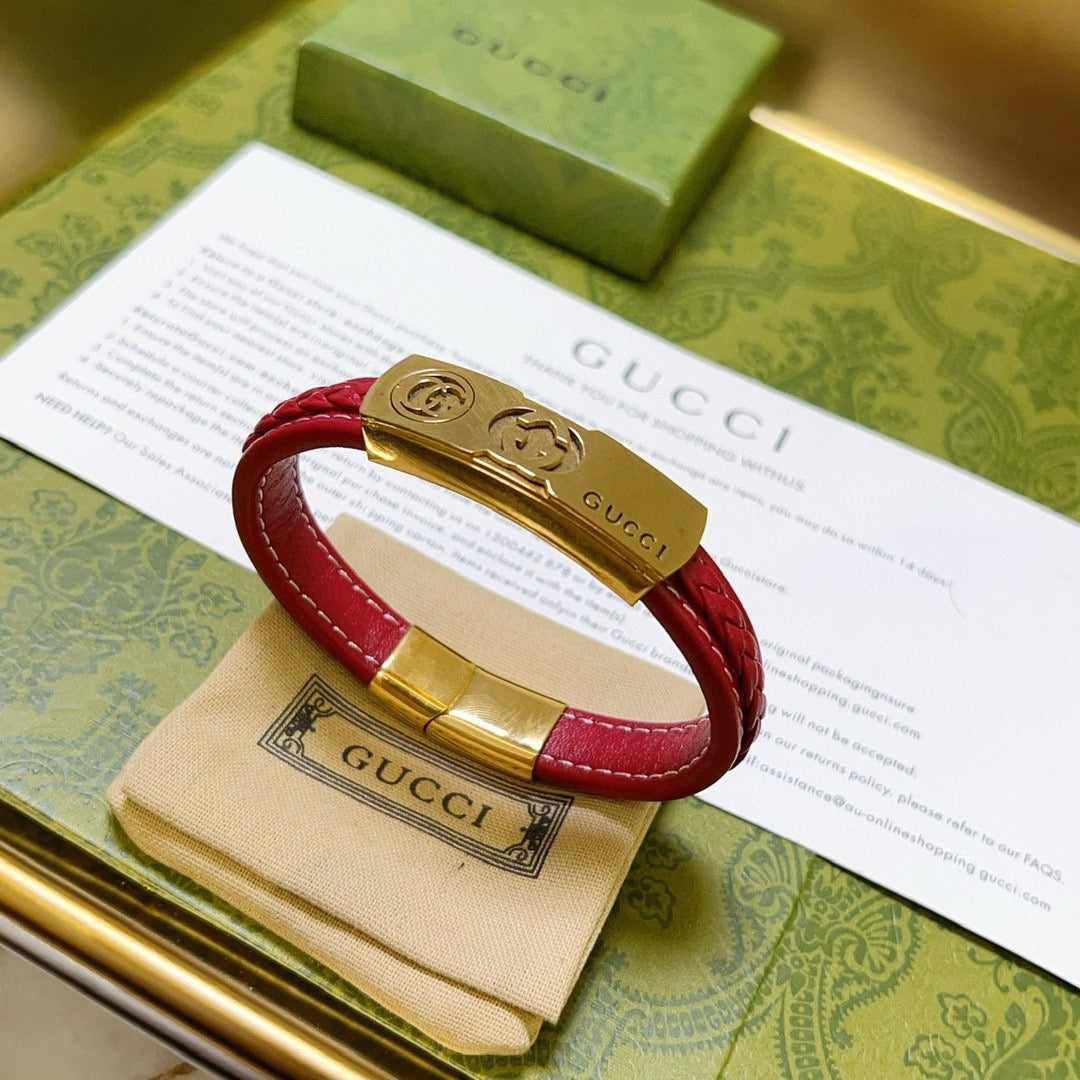 Double-G Emblem Bangle in Polished Metal-Tone – Leather Detail – Design 002 front product view