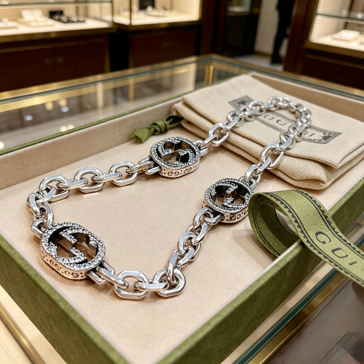 Double-G Emblem Pendant Necklace in Polished Metal-Tone – Design 223 styled product view