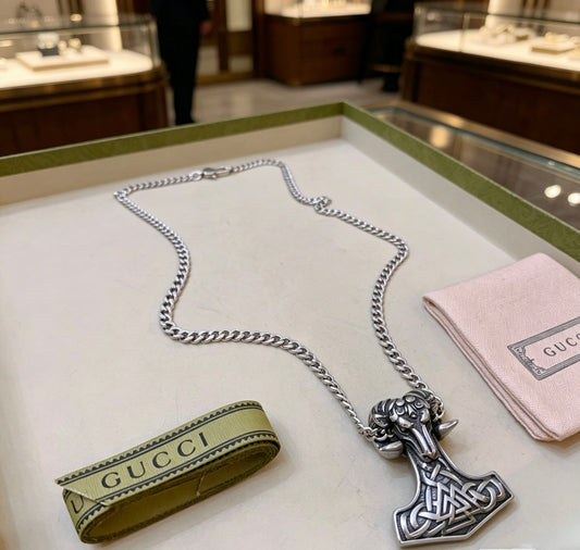 Double-G Emblem Pendant Necklace in Polished Metal-Tone – Vintage Detail – Design 070 main product view