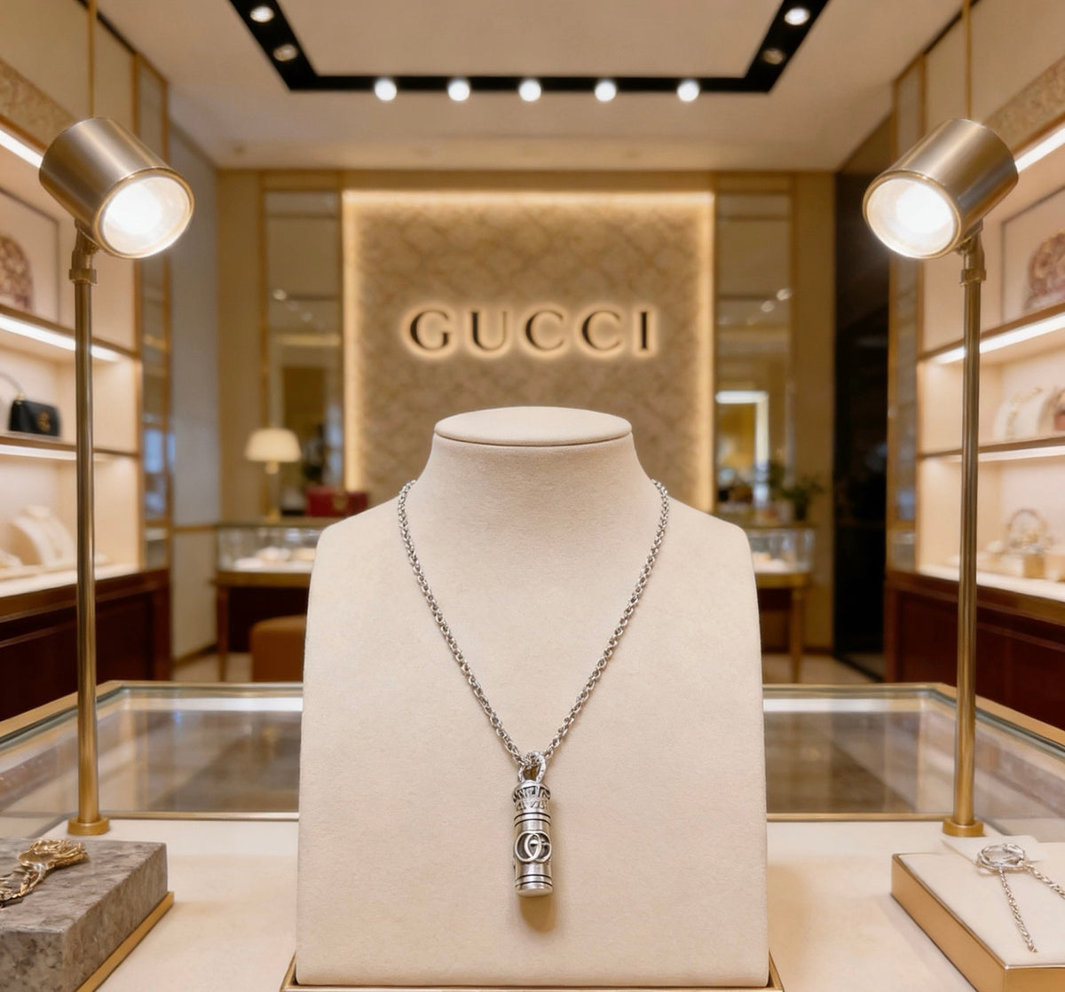 Double-G Emblem Pendant Necklace in Polished Metal-Tone – Design 215 main product view
