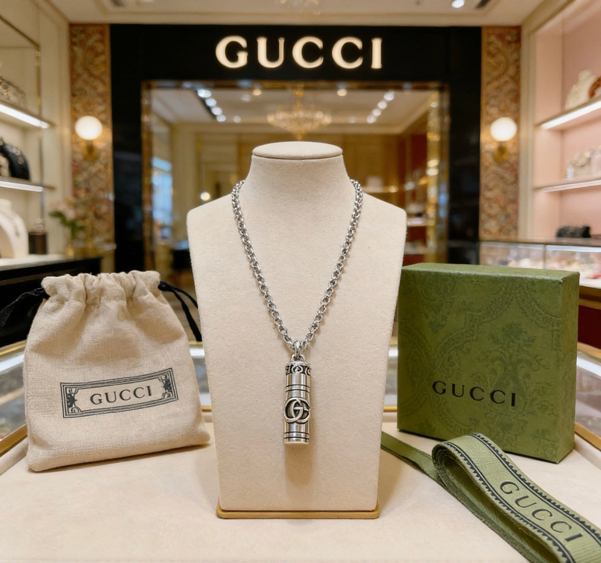 Double-G Emblem Pendant Necklace in Polished Metal-Tone – Design 215 main product view