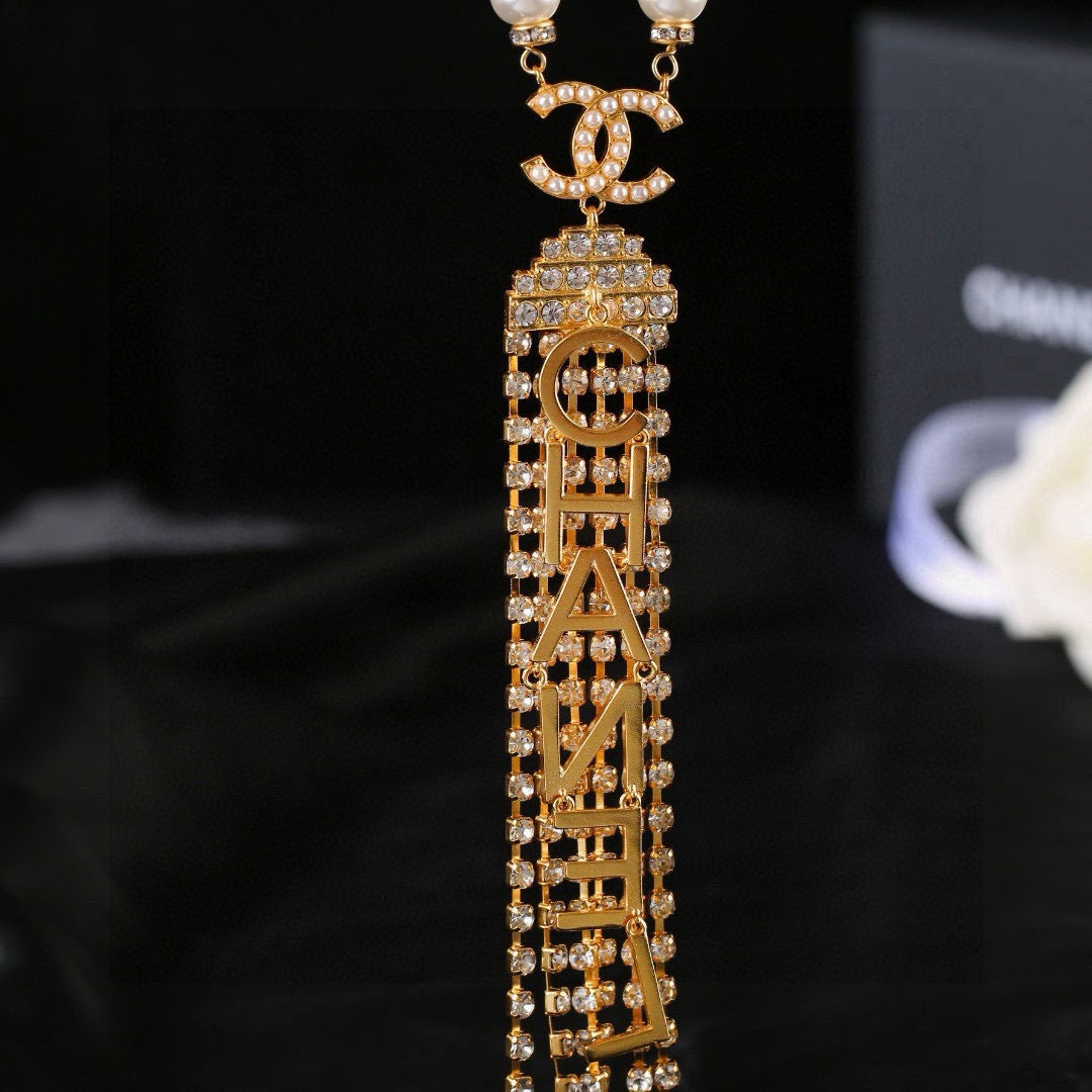 Double-C Emblem Pearl-Detail Pendant Necklace – Pearl Detail – Design 135 front product view