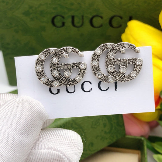 Double-G Emblem Stud Earrings in Silver-Tone – Vintage Detail – Design 002 main product view