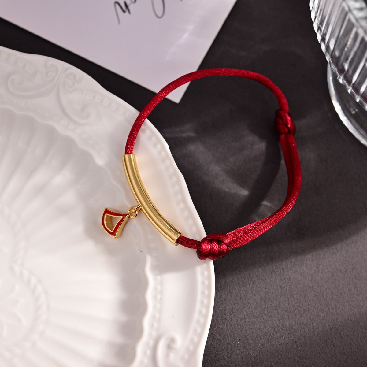 Red Cord Braided Bracelet in Polished Metal-Tone – Red Cord Detail – Design 005 styled product view