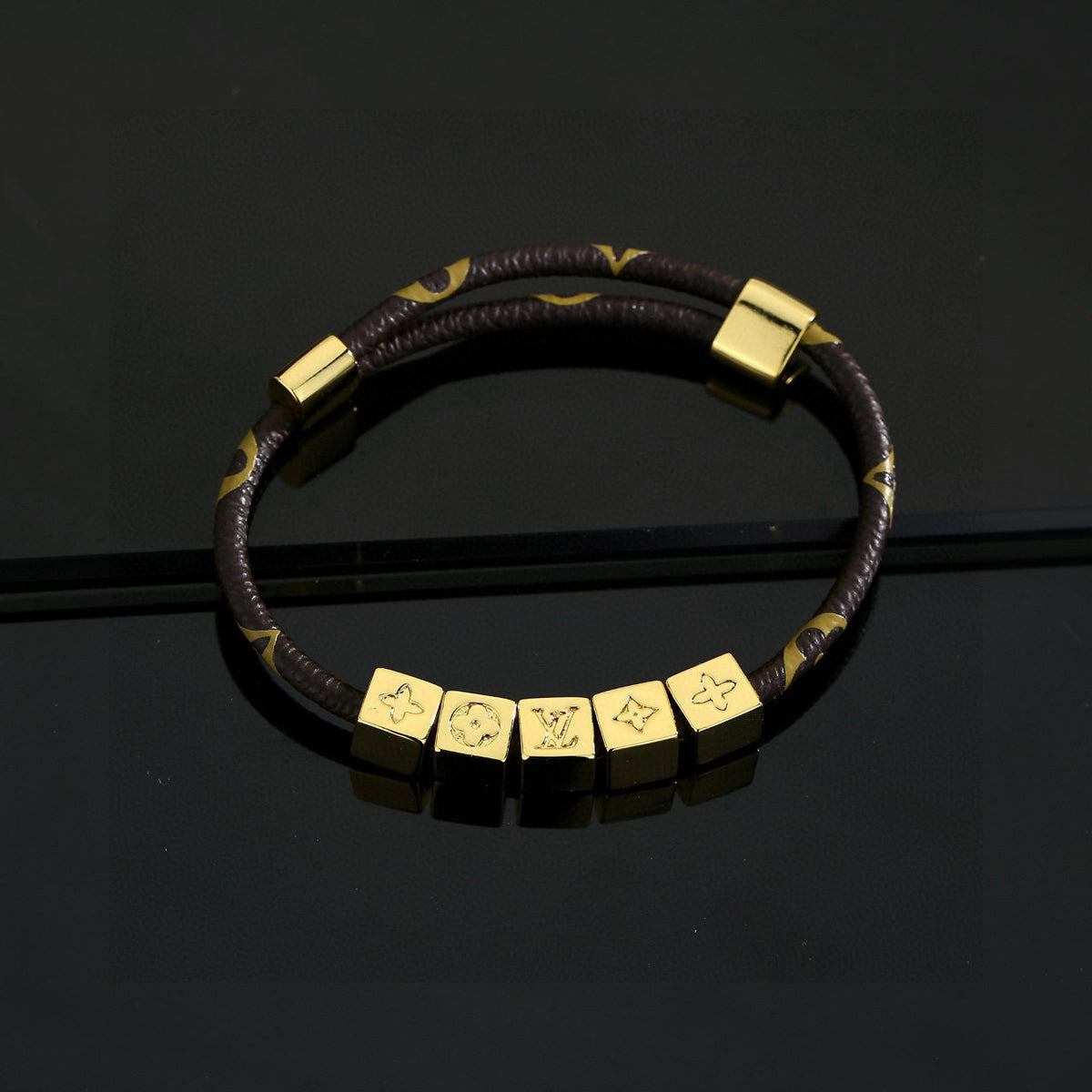 Geometric Emblem Leather-Detail Bracelet – Leather Detail – Design 028 close-up detail