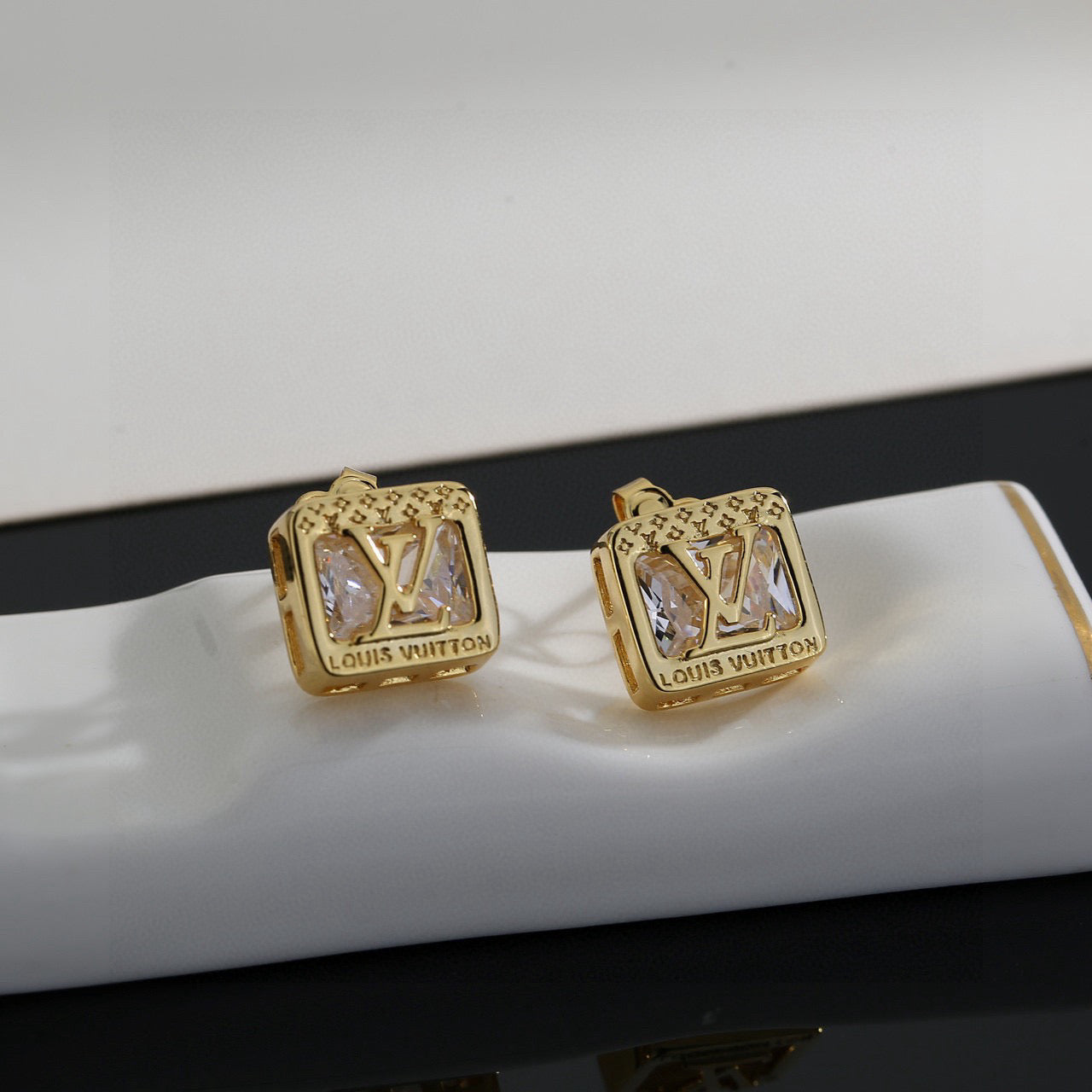 Geometric Emblem Stud Earrings in Polished Metal-Tone – Design 045 close-up detail