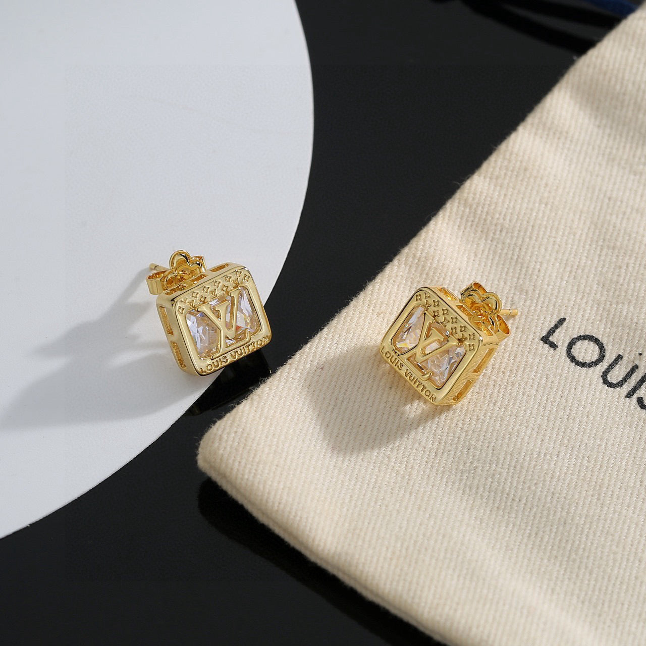 Geometric Emblem Stud Earrings in Polished Metal-Tone – Design 046 side detail