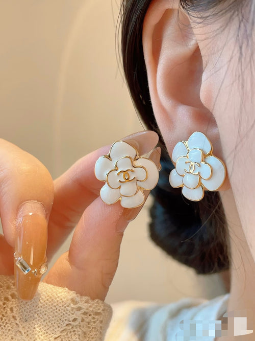 Camellia Stud Earrings in Polished Metal-Tone – Camellia Detail – Design 054 front product view