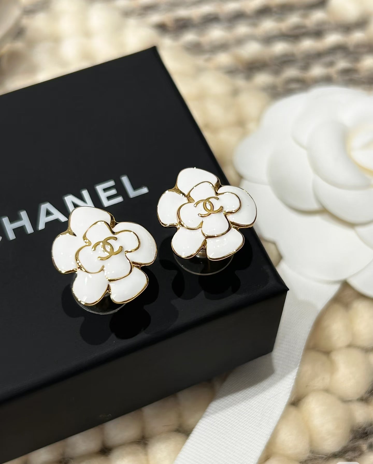 Camellia Stud Earrings in Polished Metal-Tone – Camellia Detail – Design 048 side detail