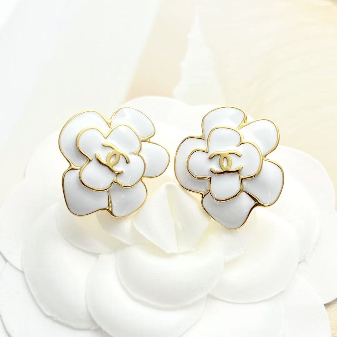 Camellia Stud Earrings in Polished Metal-Tone – Camellia Detail – Design 048 styled product view