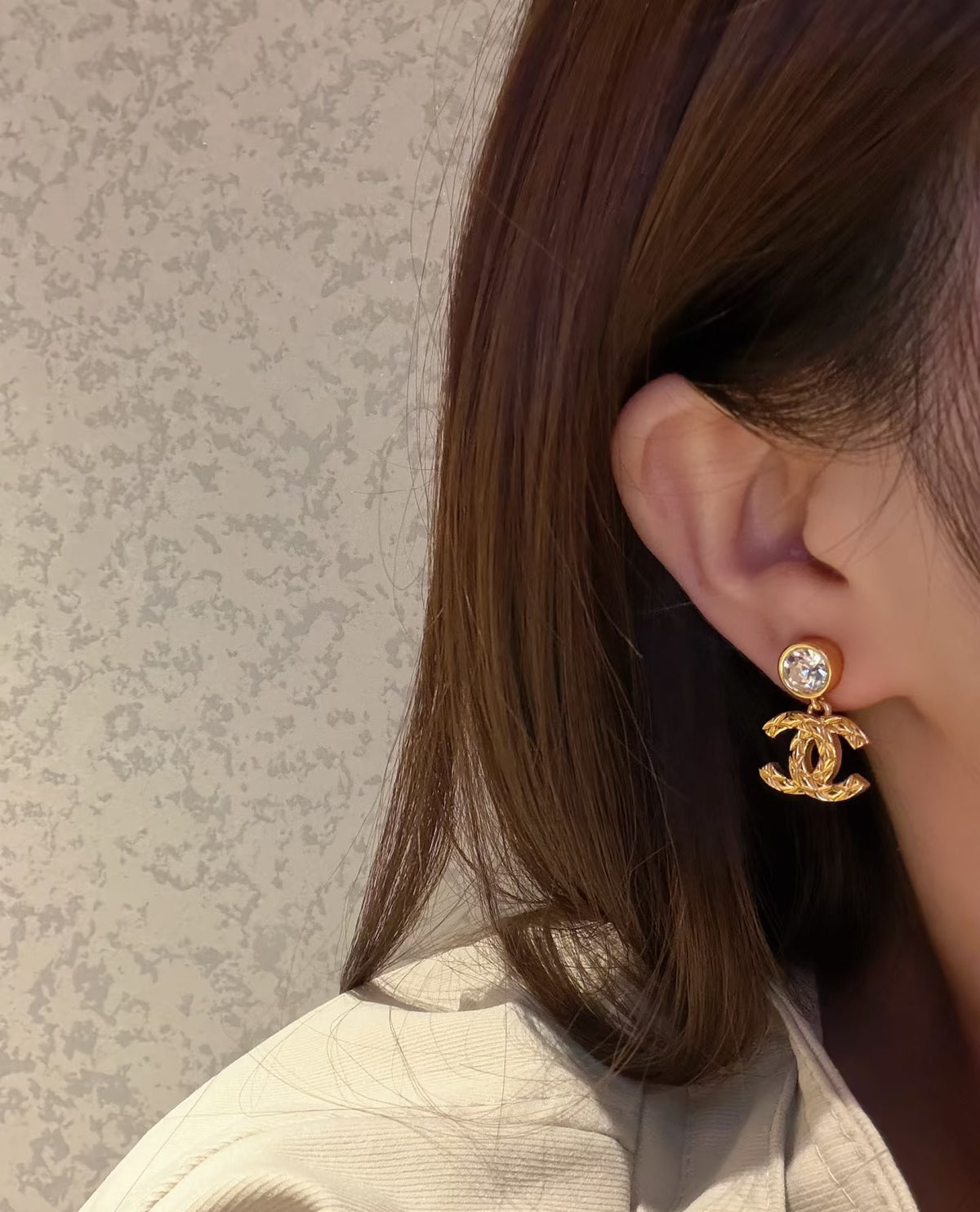 Double-C Emblem Stud Earrings in Gold-Tone – Design 041 front product view