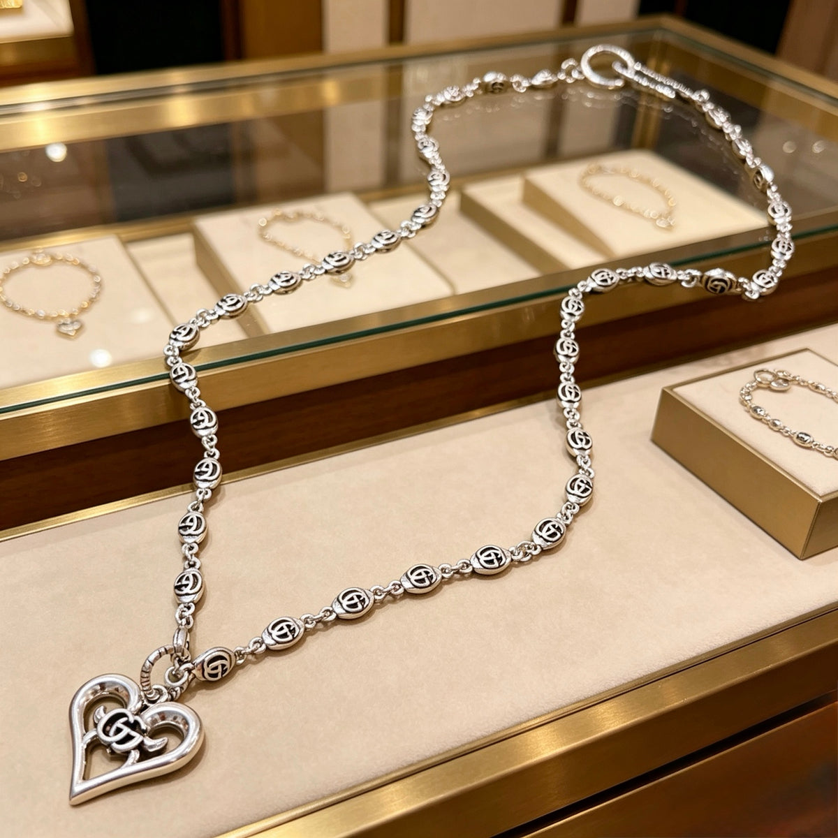 Double-G Emblem Pendant Necklace in Polished Metal-Tone – Design 232 front product view